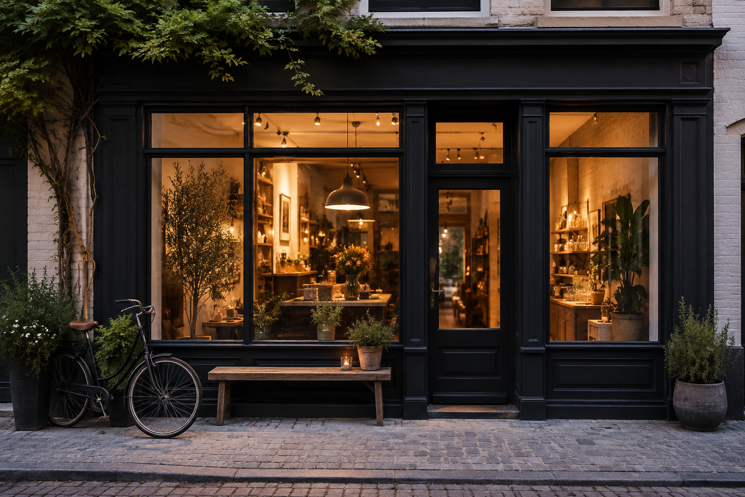 Straatbeeld van een onafhankelijke lokale zaak met grote ramen en warm verlicht interieur
